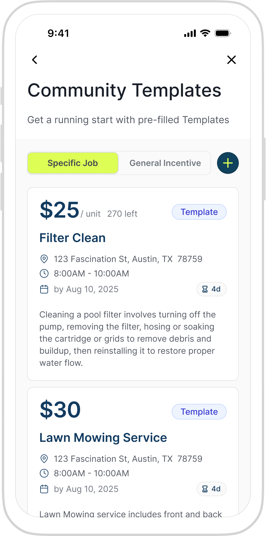 Admin app campaign templates, choosing between a specific job and a general incentive with pre-filled rate and description